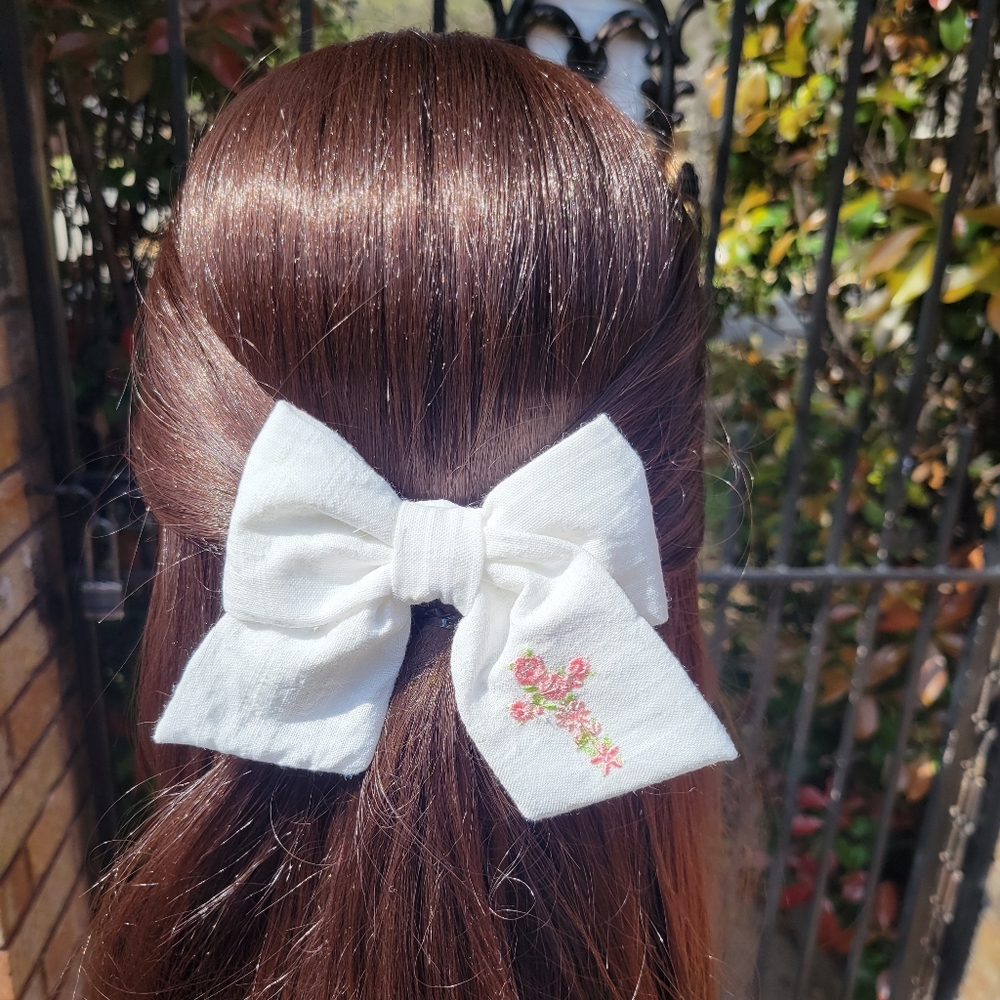 hair bow Embroidered Floral CROSS White Linen look Hair clip Girls Adults church